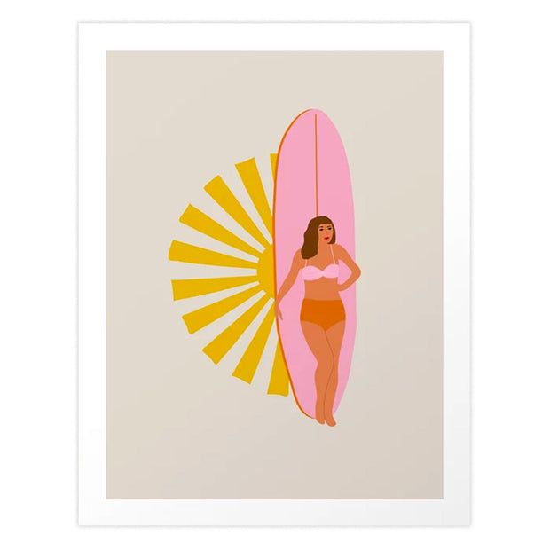 Girl, Surfboard and Sun Art Print