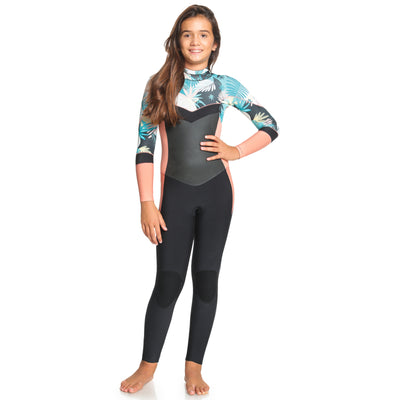 ROXY Girl's 4/3mm Syncro Back Zip Wetsuit - BLACK/PALE CORAL/BUTTER